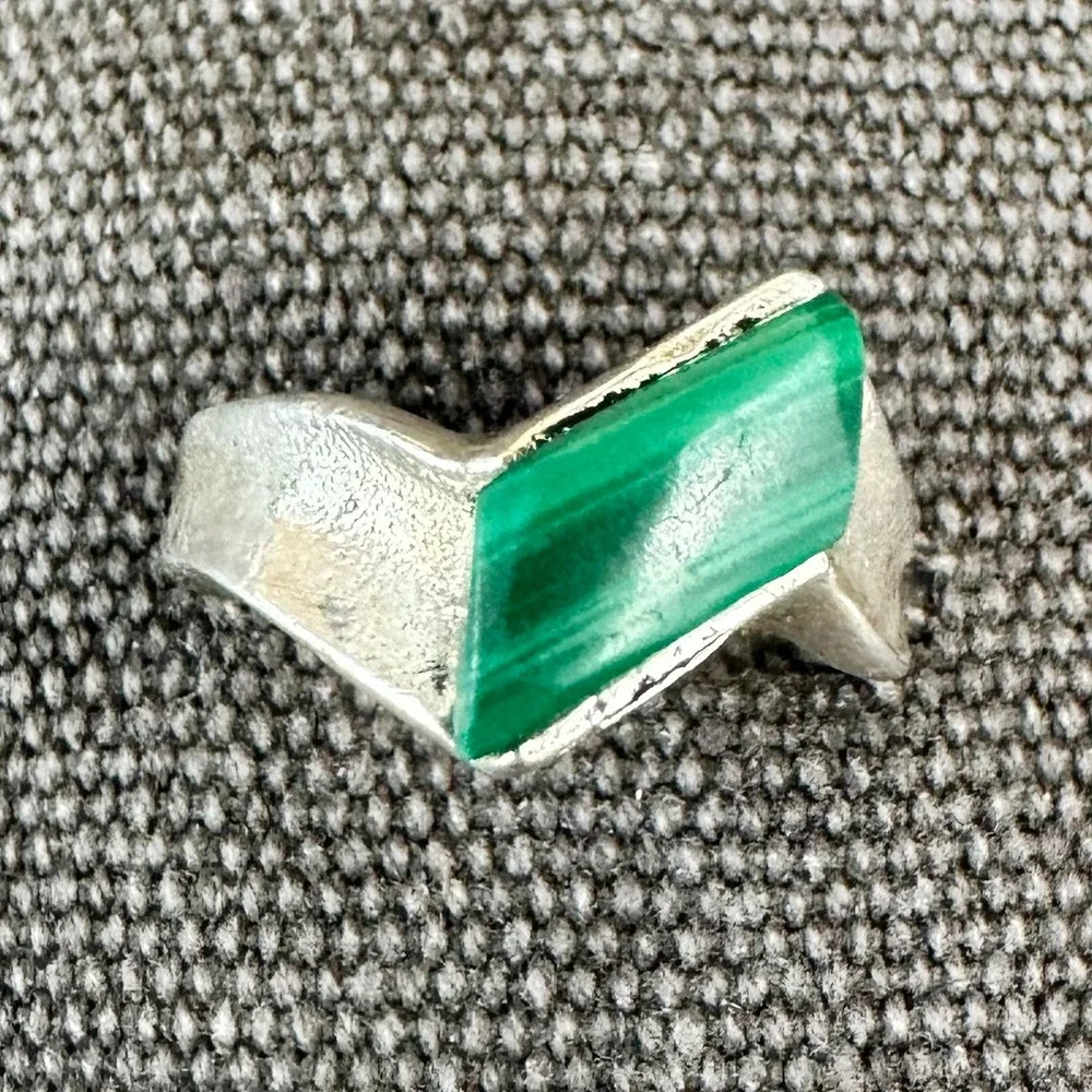 Vintage Malachite Ring Sterling Silver Handmade Green Stone Band Ring‎ Sz 11